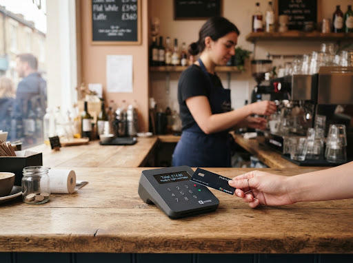 Merchant card machine on a retail countertop