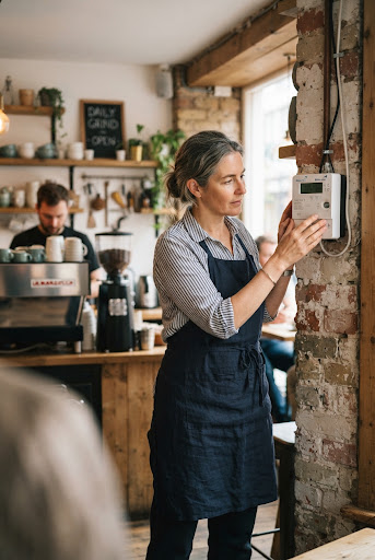 Cafe owner monitoring a commercial smart meter