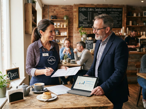 Upscale advisor consulting with a local coffee shop owner