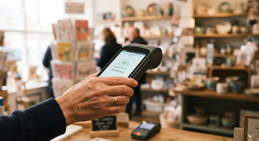 Shop owner holding a contactless card terminal