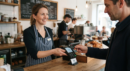 Shopkeeper presenting a portable card terminal to a customer