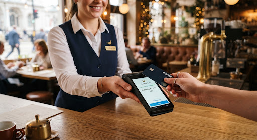 Cafe staff member taking a payment on a touchscreen terminal