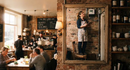 Café manager checking a smart energy meter