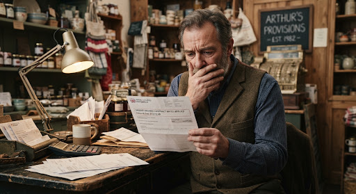 Shopkeeper scrutinising an inflated energy bill