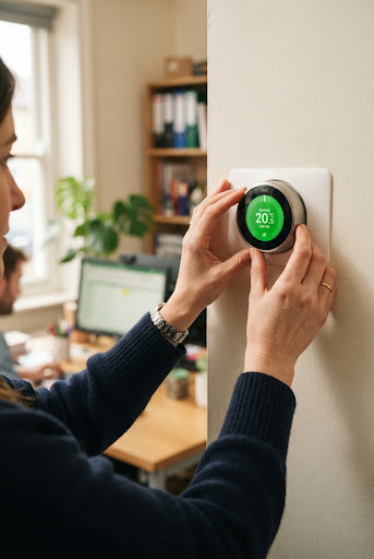 Hands adjusting a smart thermostat