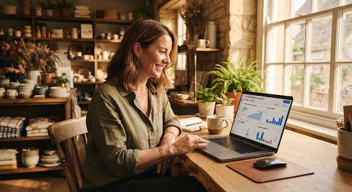 Shop owner checking local search analytics on a laptop