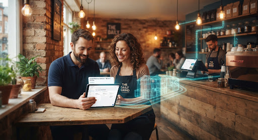 IT specialist helping a cafe owner with their till system